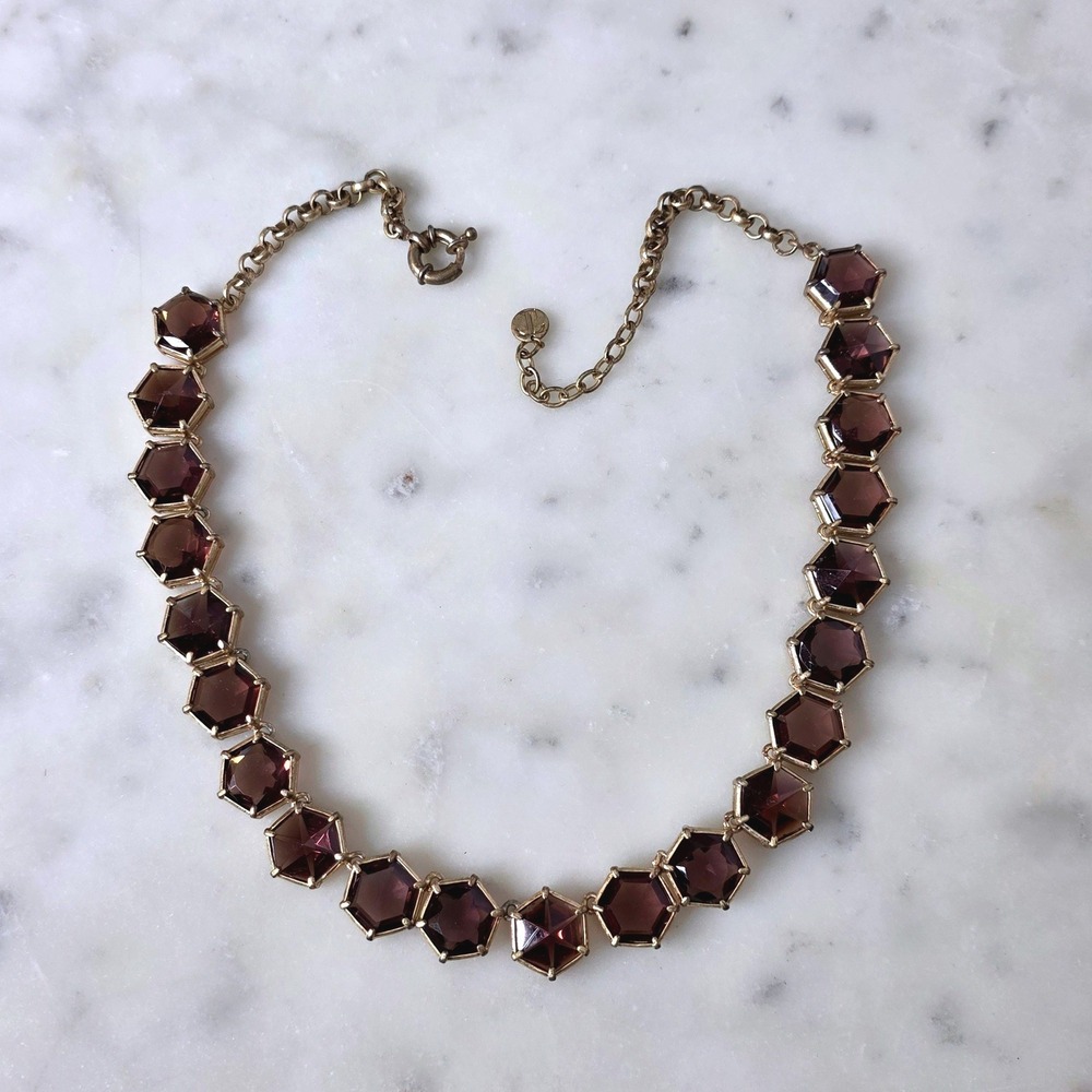 Talbots Purple Inverted Hexagon Glass Stone Gold Tone Statmnt Necklace Geo Plum